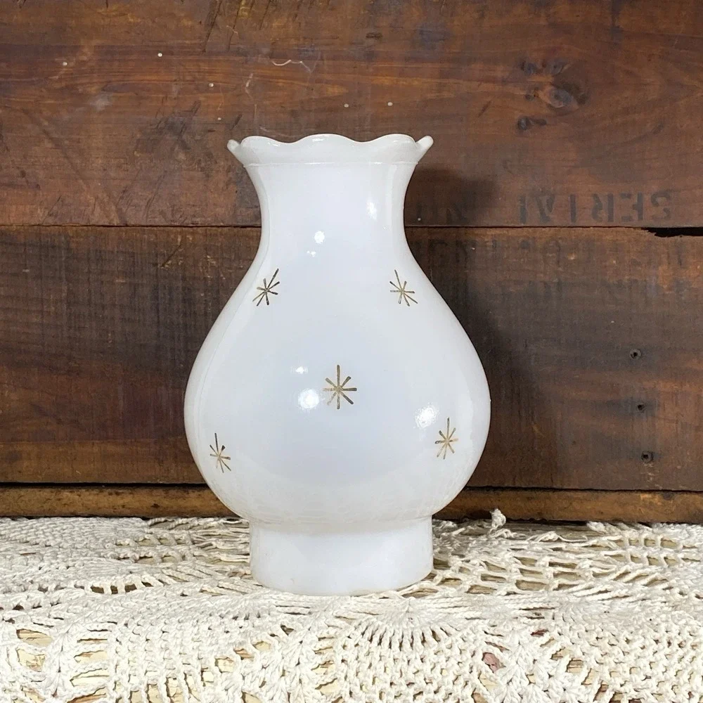 VTG MCM Atomic Gold Starburst Milk Glass Hurricane Lamp Shade Scalloped Top Mint